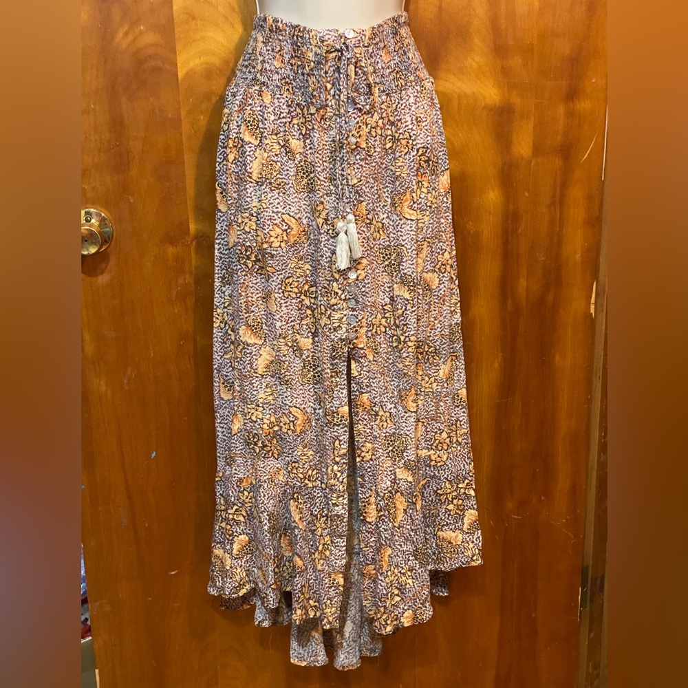 Rachel Zoe VTG Cottagecore hi low maxi skirt,yellow/black floral,smocked waist,S